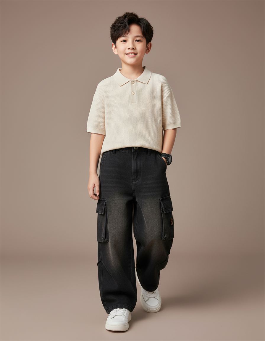 Pantalon Baggy Jean Cargo Noir Ample Enfant