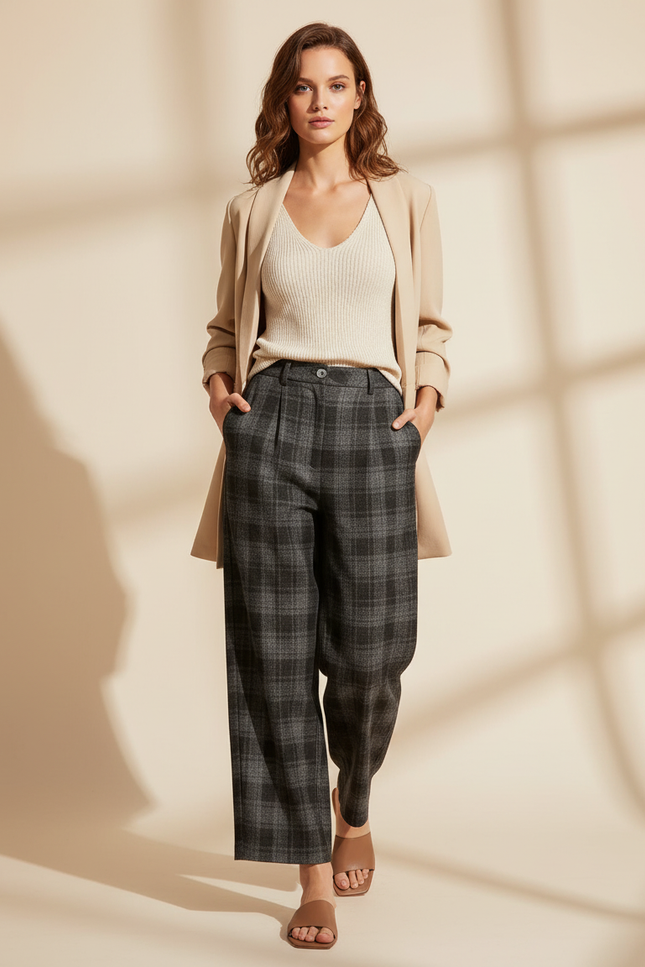 Pantalon Baggy Carreaux Laine Ample Décontracté Chaud - Gris