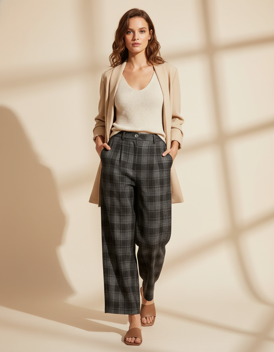 Pantalon Baggy Carreaux Laine Ample Décontracté Chaud - Gris