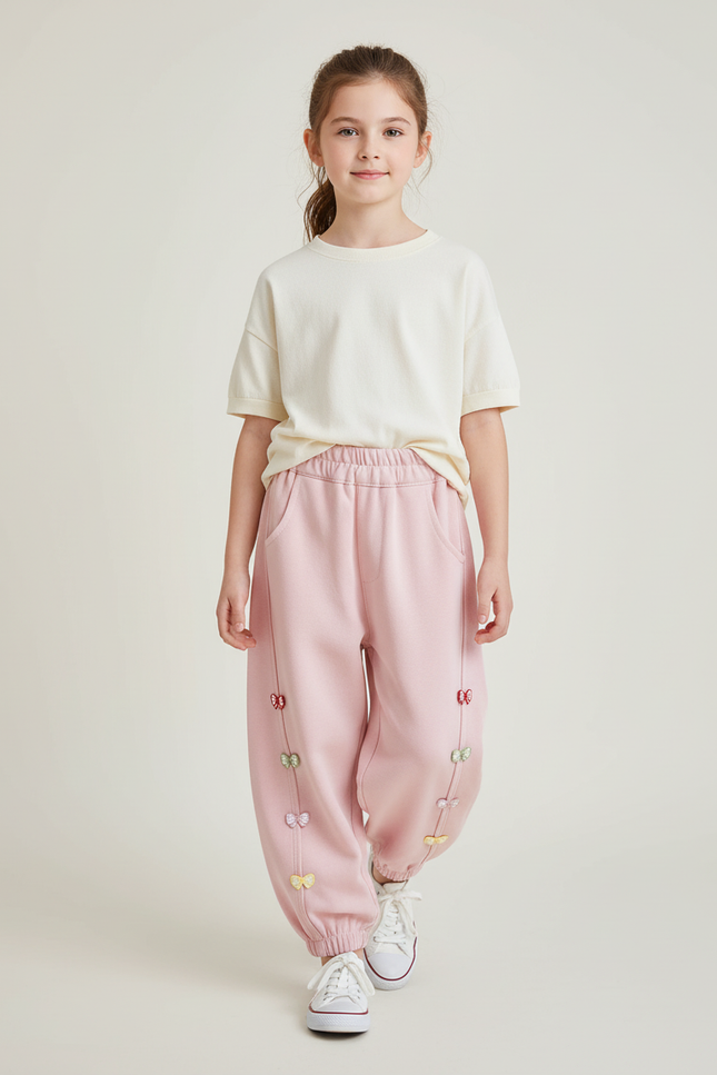 Pantalon Baggy Rose Papillons Coton Ample Enfant - Molleton