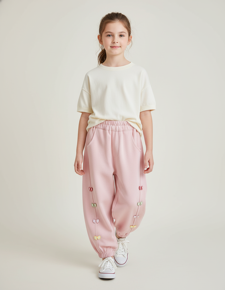 Pantalon Baggy Rose Papillons Coton Ample Enfant - Molleton