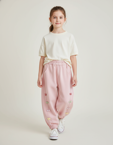 Pantalon Baggy Rose Papillons Coton Ample Enfant - Molleton