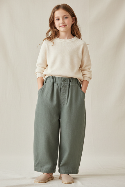 Pantalon Baggy Vert Kaki Coton Ample Décontracté Fille