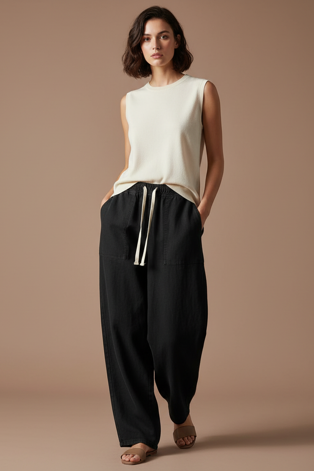 Pantalon Baggy Noir Ample Fluide Cordon Femme - Lin