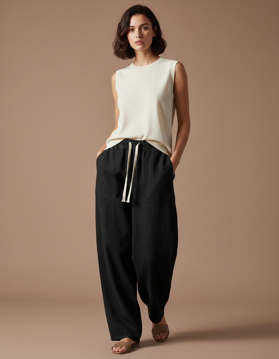 Pantalon Baggy Noir Ample Fluide Cordon Femme - Lin