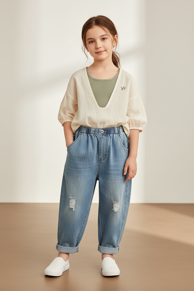 Pantalon Baggy Jean Bleu Déchiré Enfant