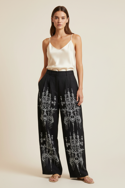 Pantalon Baggy Noir Brodé Ample Lin Femme