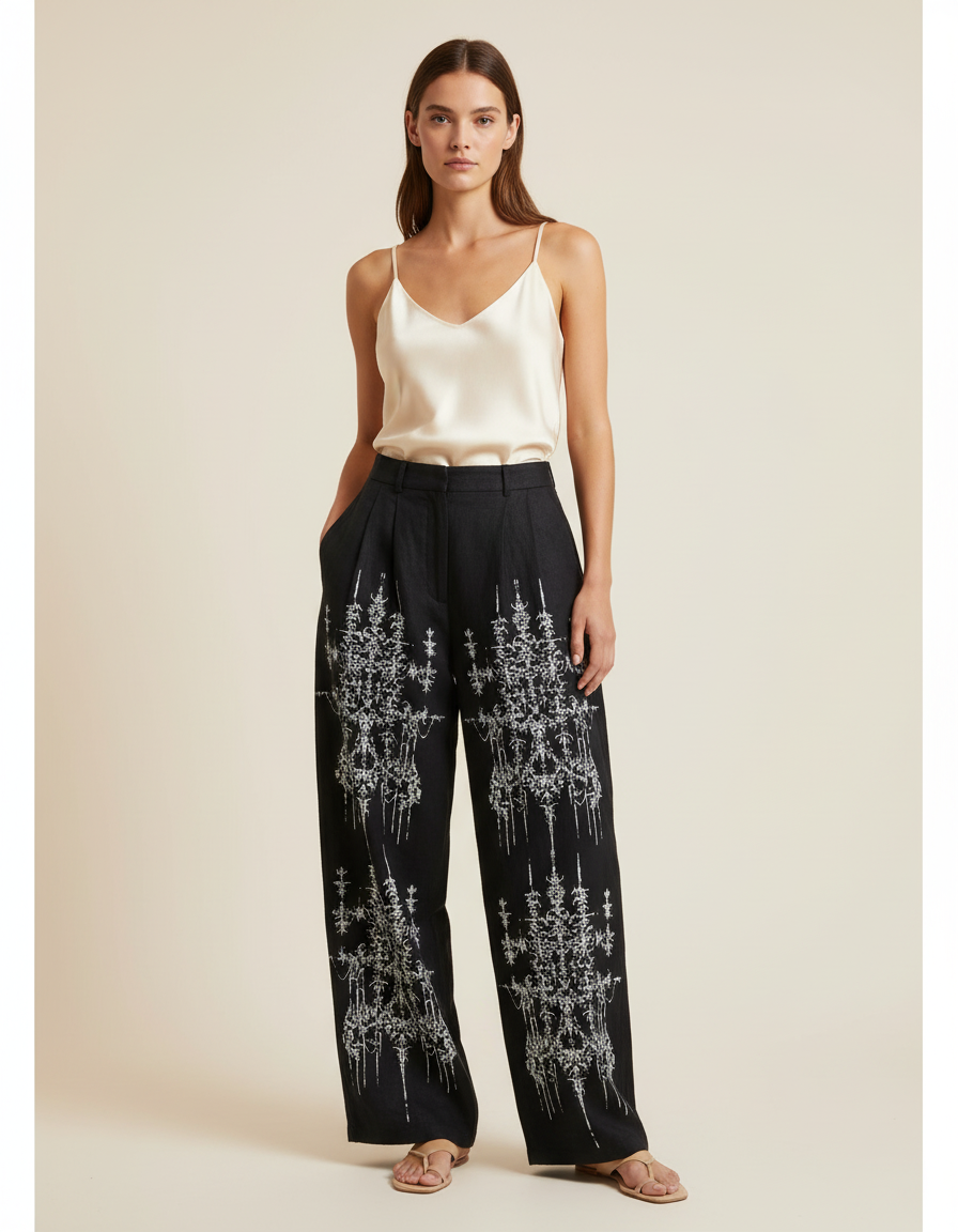 Pantalon Baggy Noir Brodé Ample Lin Femme