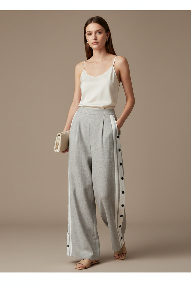 Pantalon Baggy Gris Ample Boutons Latéraux Sport Femme - Molleton