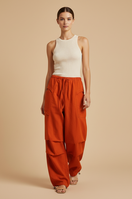 Pantalon Baggy Orange Ample Fluide Cordon Décontracté - Lin