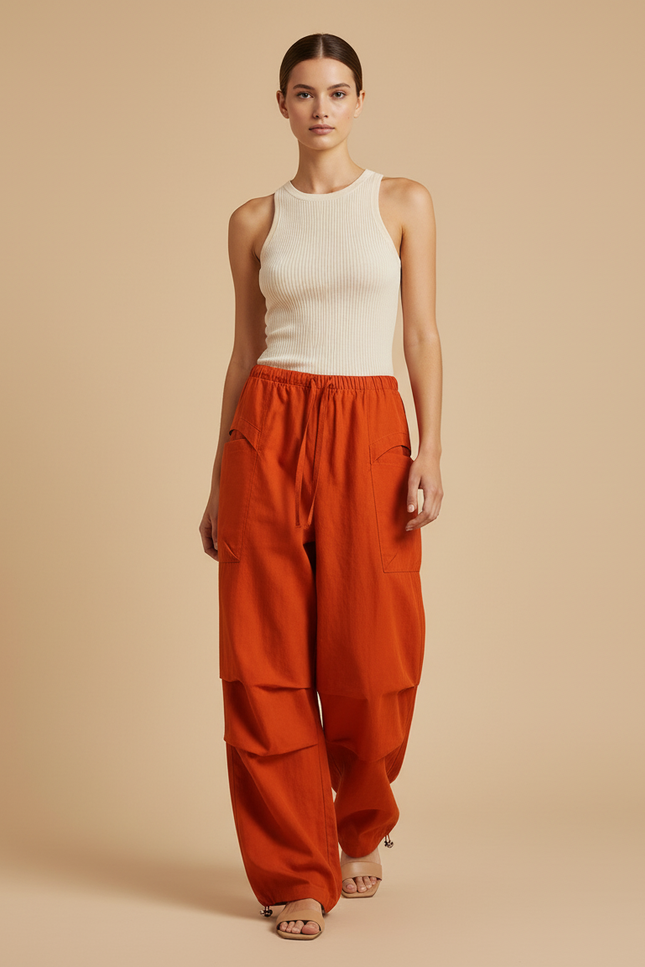 Pantalon Baggy Orange Ample Fluide Cordon Décontracté - Lin