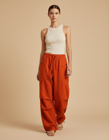 Pantalon Baggy Orange Ample Fluide Cordon Décontracté - Lin