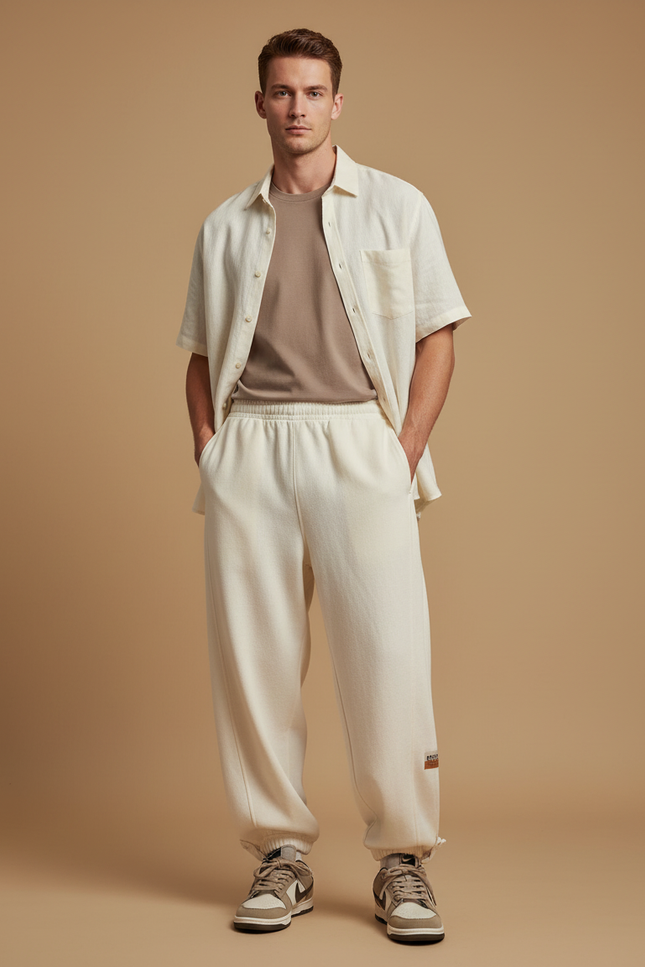 Pantalon Baggy Crème Molleton Confortable Ample Homme - Beige