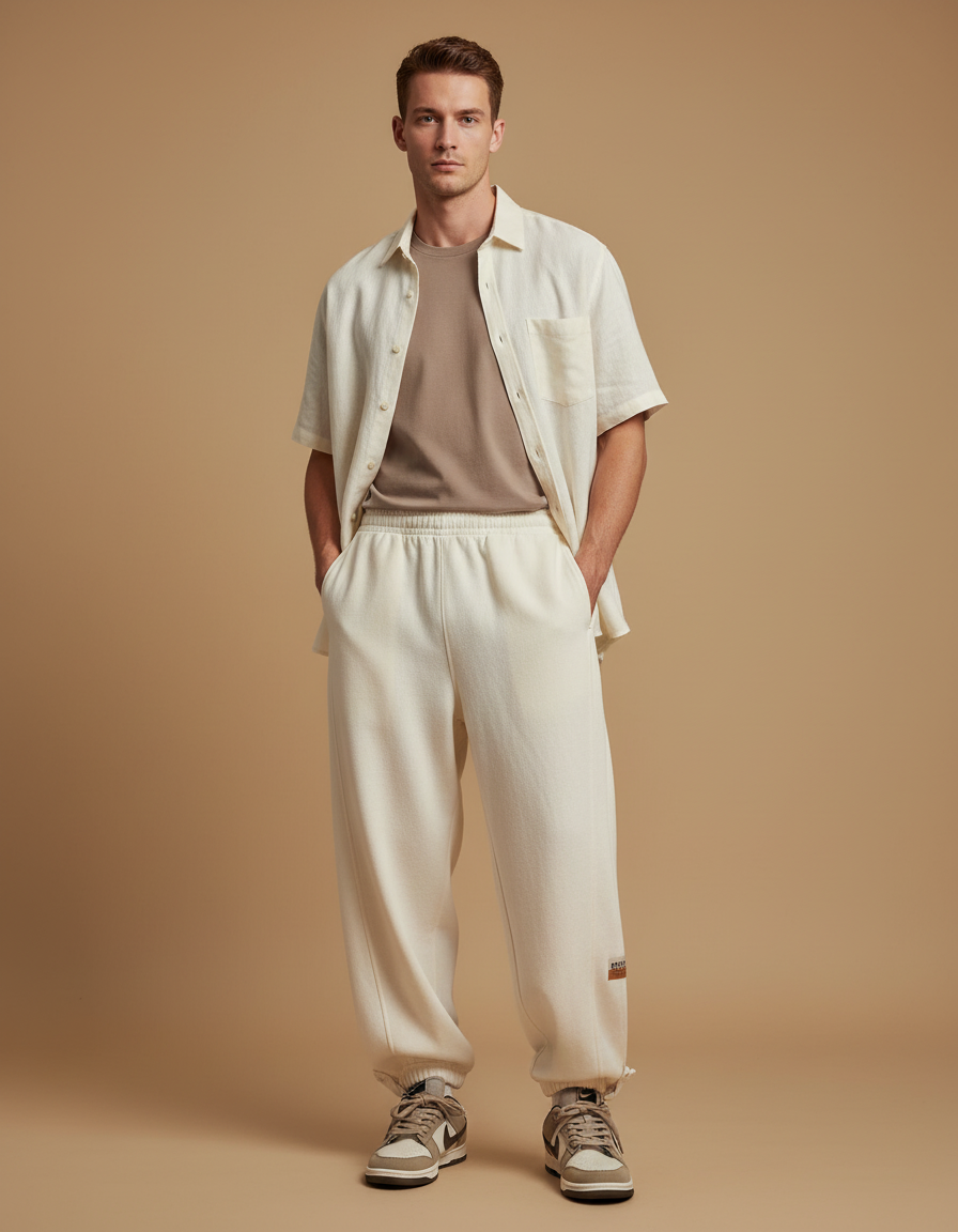 Pantalon Baggy Crème Molleton Confortable Ample Homme - Beige
