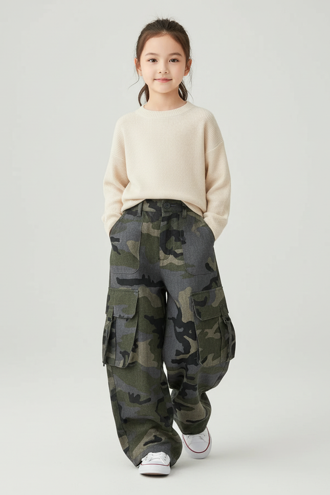 Pantalon Baggy Camouflage Vert Ample Cargo Enfant - Molleton