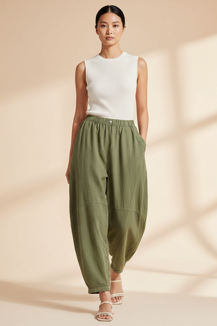 Pantalon Baggy Vert Coton Lin Ample Décontracté Femme - Kaki