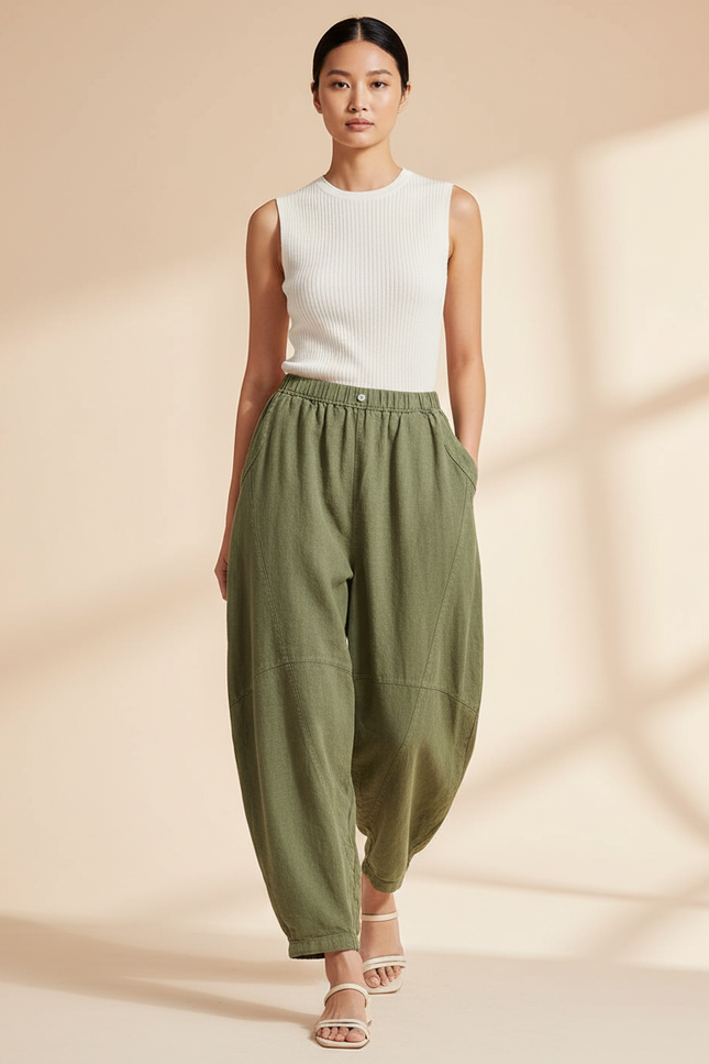 Pantalon Baggy Vert Coton Lin Ample Décontracté Femme - Kaki