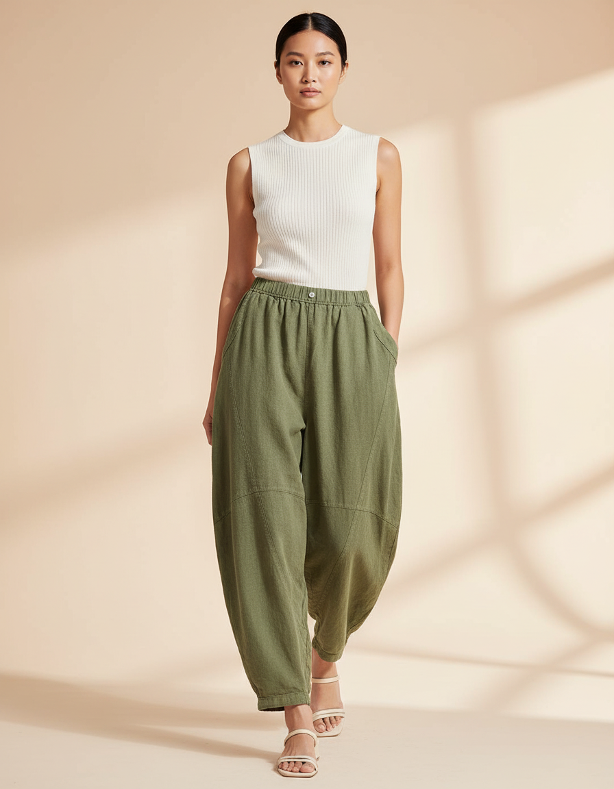 Pantalon Baggy Vert Coton Lin Ample Décontracté Femme - Kaki