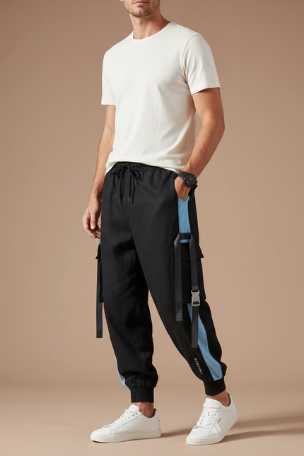 Pantalon Baggy Noir Cargo Bandes Bleues Cordon Homme - Polyester