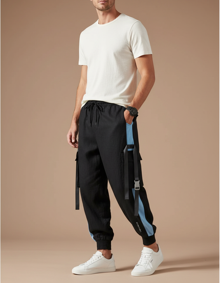 Pantalon Baggy Noir Cargo Bandes Bleues Cordon Homme - Polyester