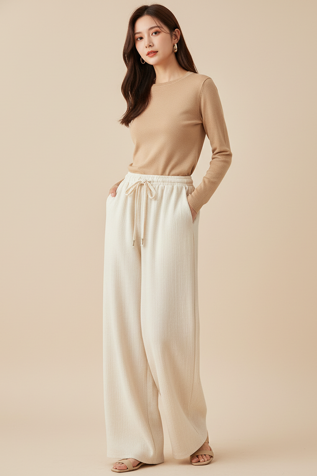 Pantalon Baggy Crème Ample Cordon Fluide Décontracté - Beige Maille