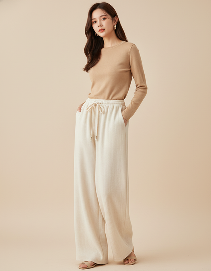 Pantalon Baggy Crème Ample Cordon Fluide Décontracté - Beige Maille