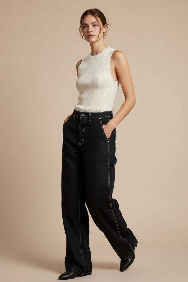 Pantalon Baggy Noir Couture Blanche Ample Femme - Toile