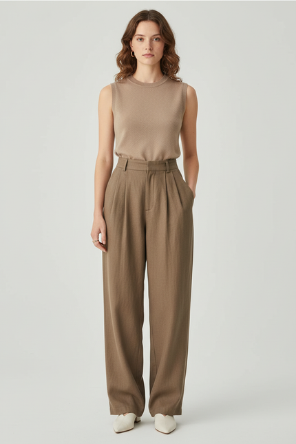 Pantalon Baggy Marron Ample Plissé Taille Haute Femme - Kaki Lin