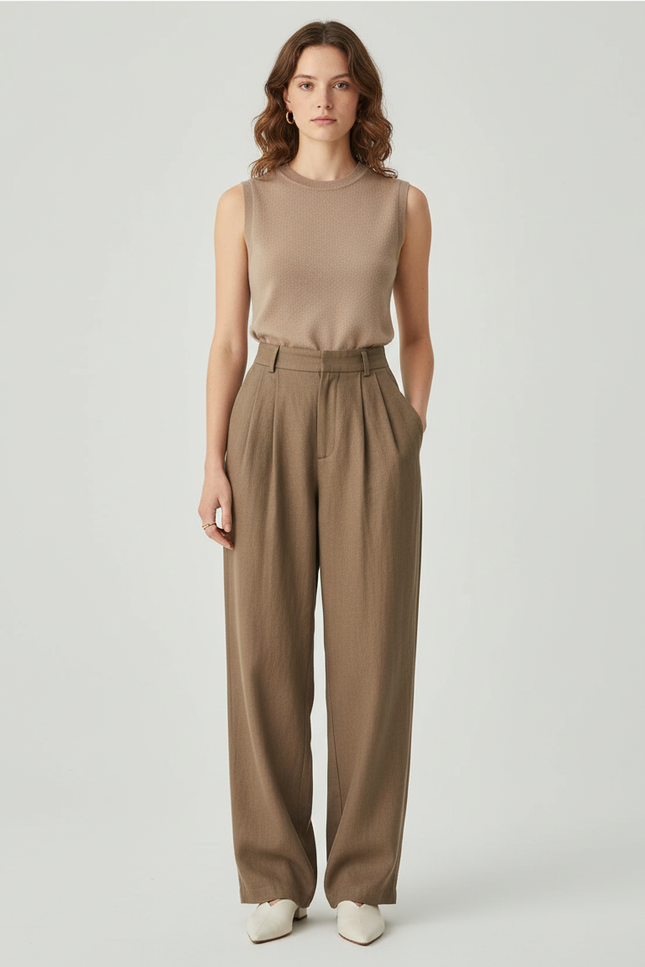 Pantalon Baggy Marron Ample Plissé Taille Haute Femme - Kaki Lin