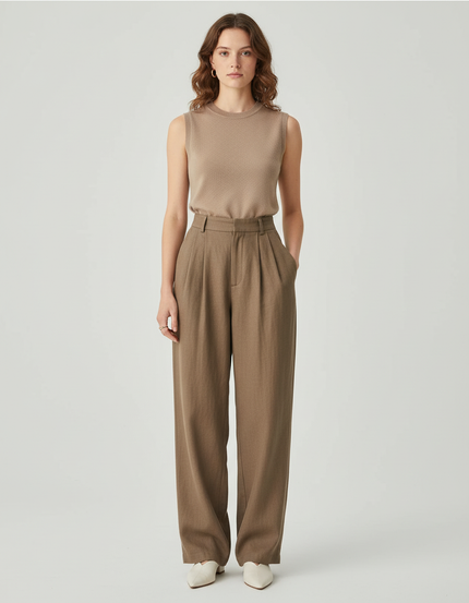 Pantalon Baggy Marron Ample Plissé Taille Haute Femme - Kaki Lin
