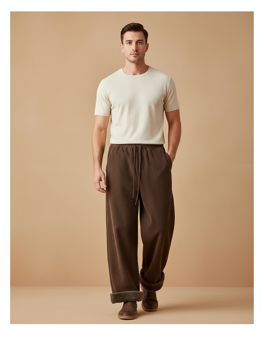 Pantalon Baggy Marron Côtelé Ample Doublé Hiver - Cordé