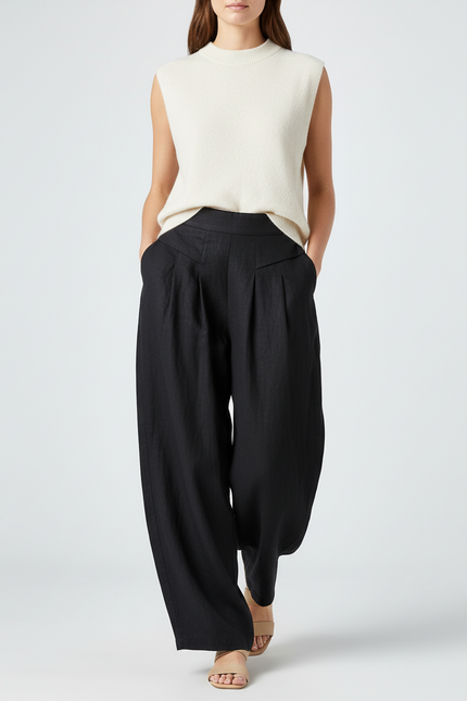 Pantalon Baggy Noir Lin Fluide Plissé Ample Femme