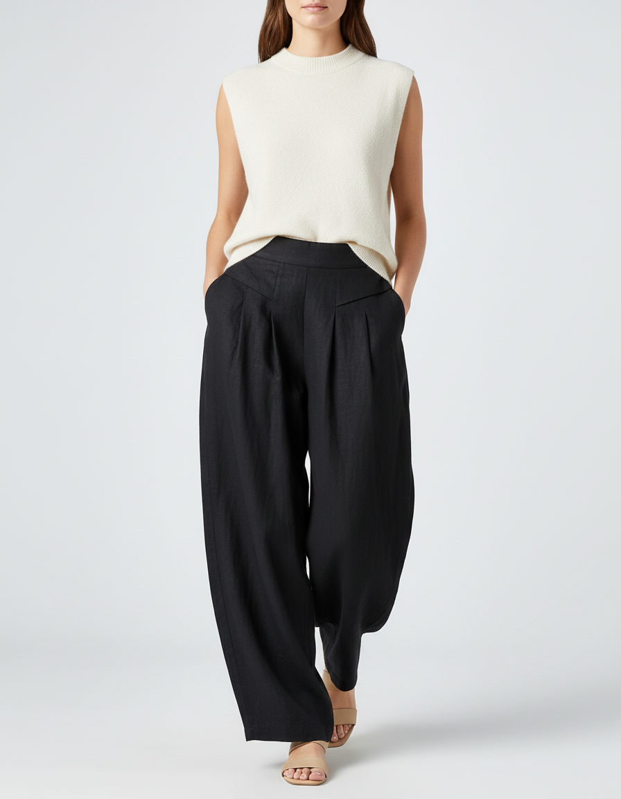 Pantalon Baggy Noir Lin Fluide Plissé Ample Femme