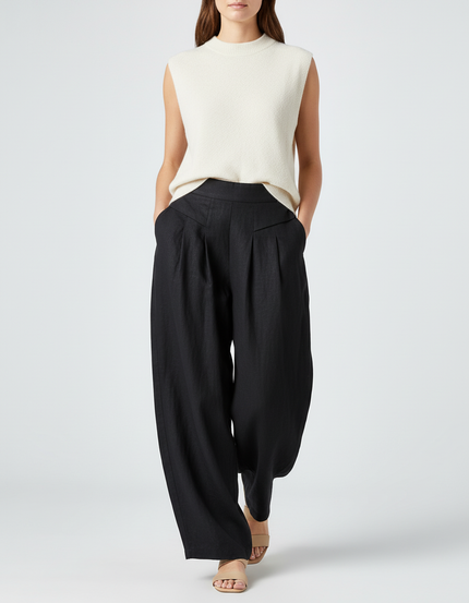 Pantalon Baggy Noir Lin Fluide Plissé Ample Femme