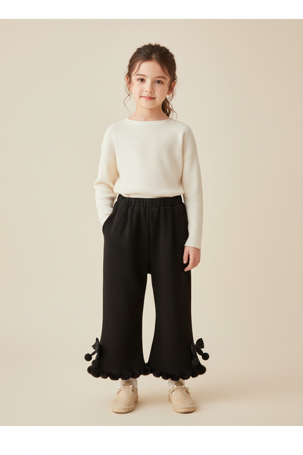 Pantalon Baggy Noir Évasé Pompons Fille Hiver - Maille