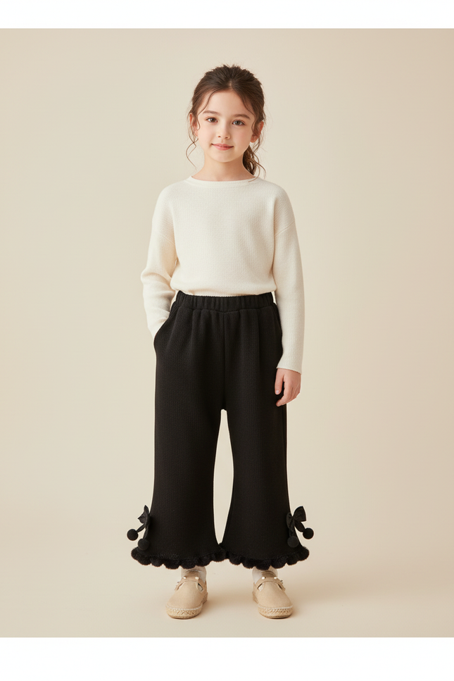 Pantalon Baggy Noir Évasé Pompons Fille Hiver - Maille
