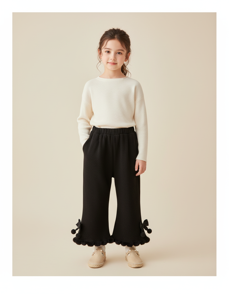 Pantalon Baggy Noir Évasé Pompons Fille Hiver - Maille