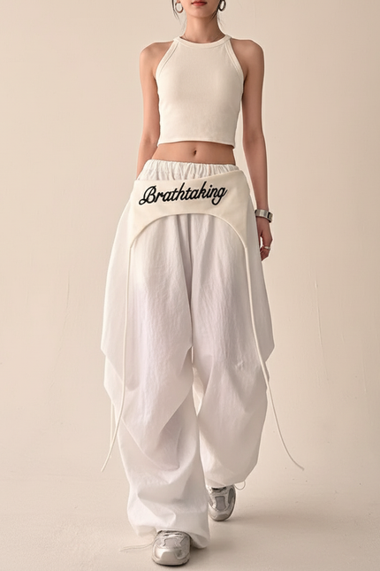 Pantalon Baggy Blanc Fluide Ample Cordon Streetwear - Lin