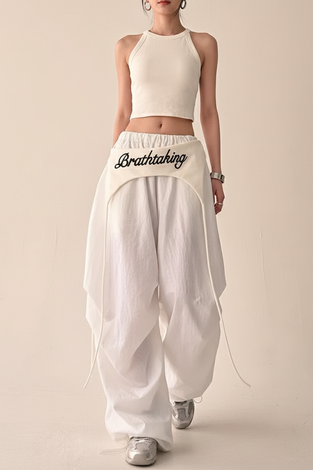 Pantalon Baggy Blanc Fluide Ample Cordon Streetwear - Lin