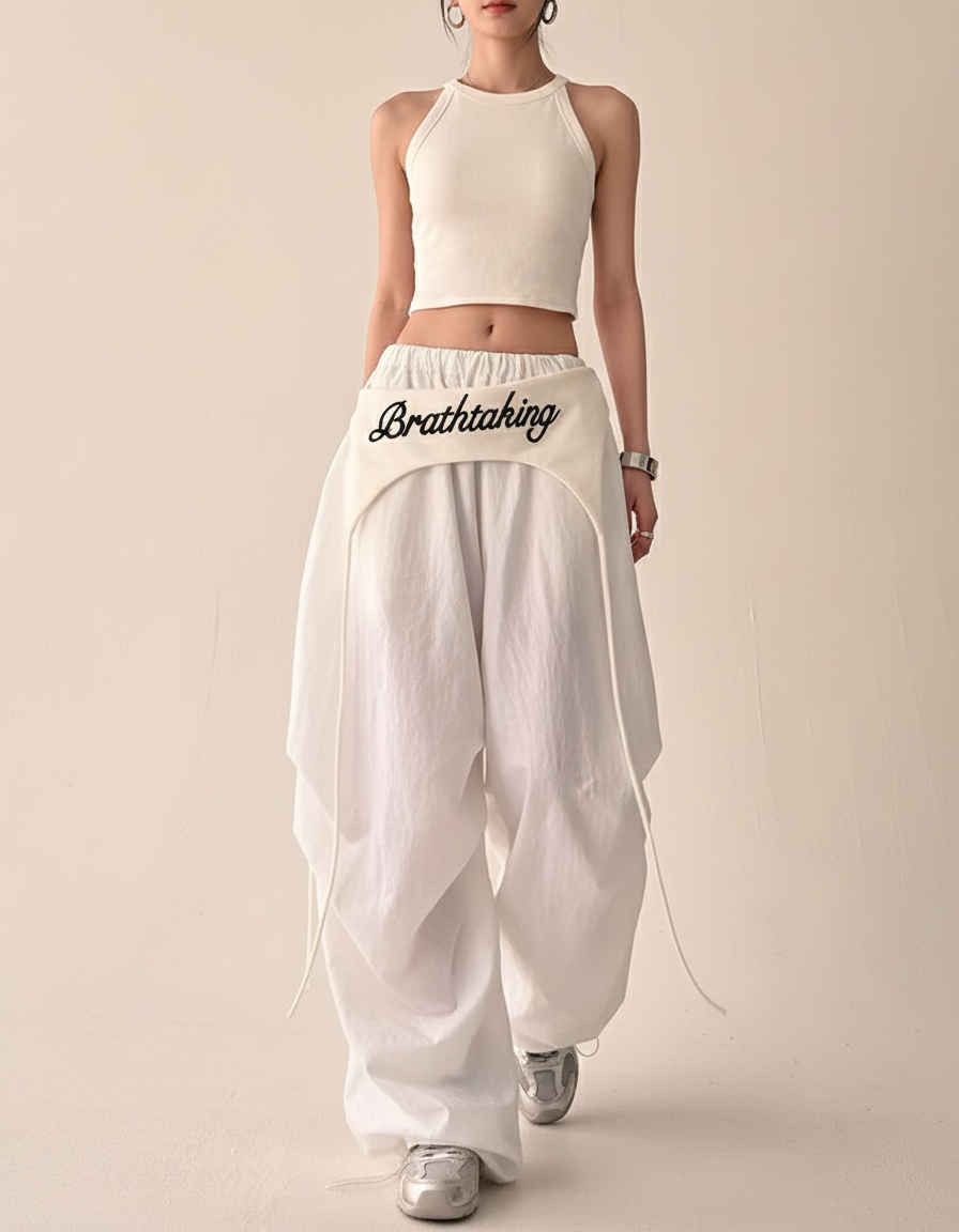 Pantalon Baggy Blanc Fluide Ample Cordon Streetwear - Lin