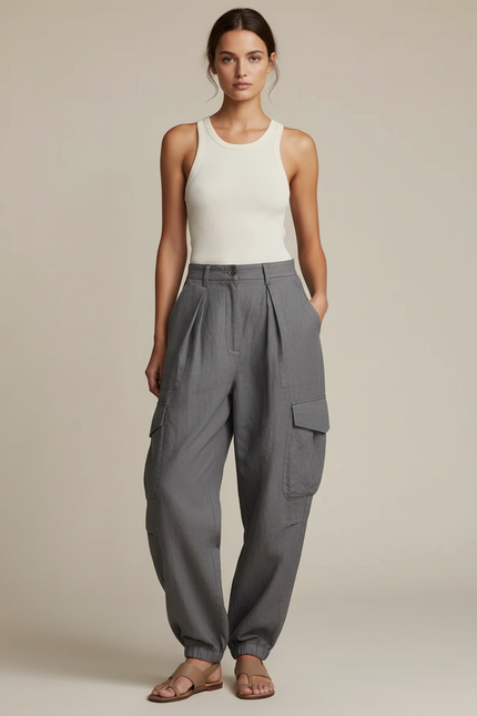 Pantalon Baggy Gris Lin Plissé Cargo Femme