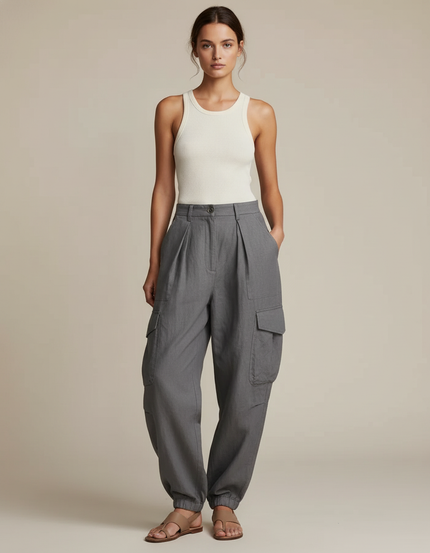 Pantalon Baggy Gris Lin Plissé Cargo Femme