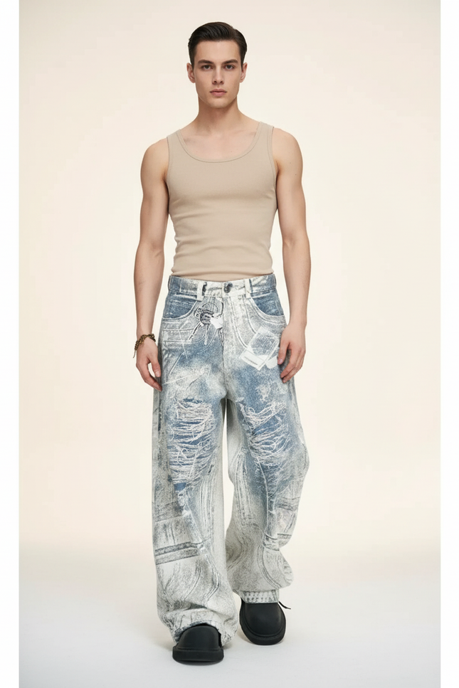 Pantalon Baggy Jean Bleu Délavé Imprimé Ample