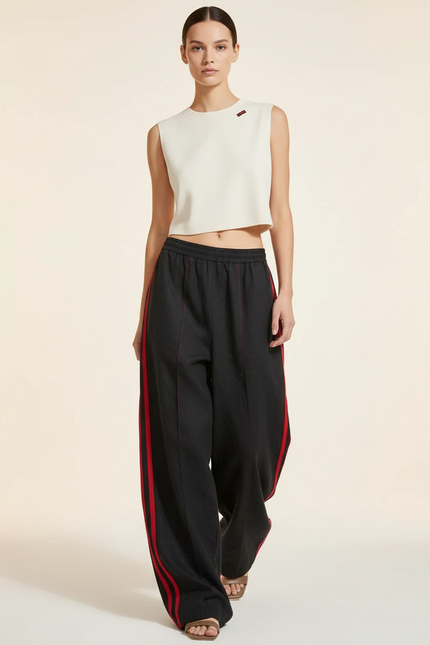 Pantalon Baggy Noir Rayures Rouges Fluide Décontracté - Lin