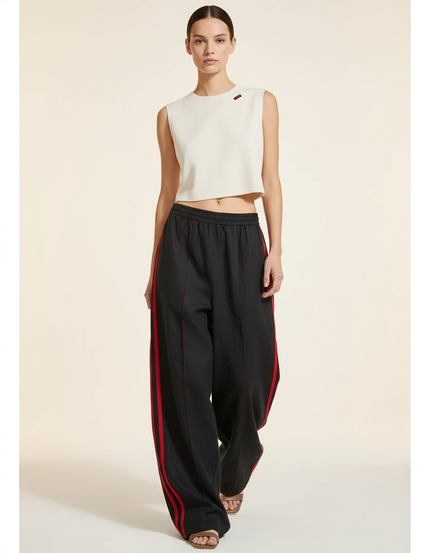 Pantalon Baggy Noir Rayures Rouges Fluide Décontracté - Lin