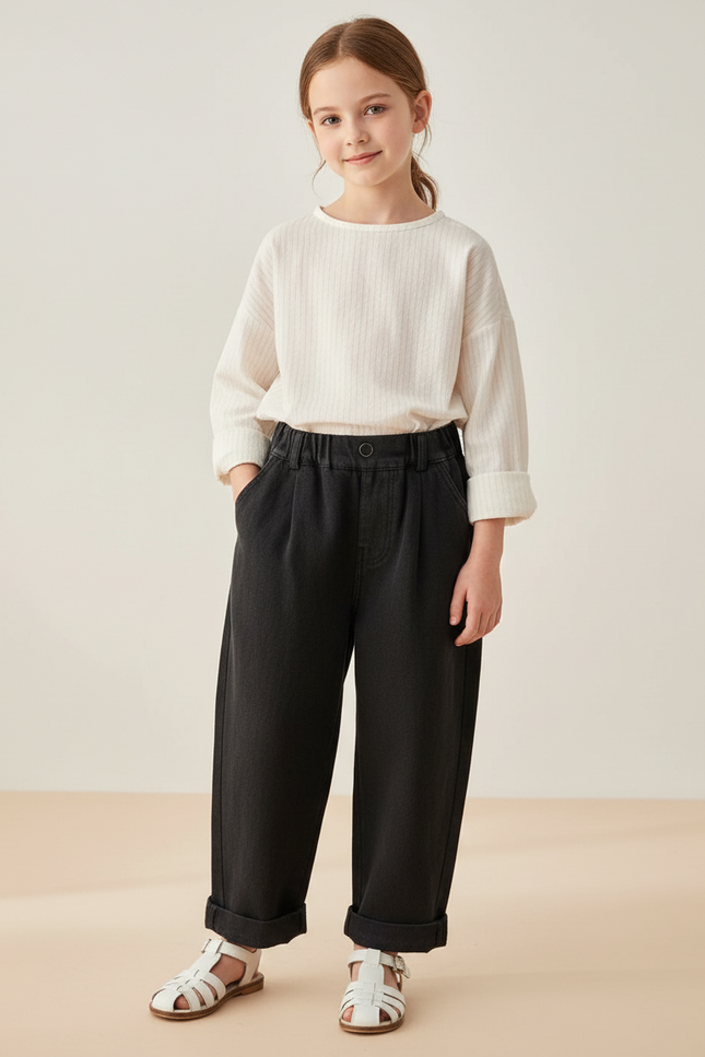 Pantalon Baggy Noir Ample Plissé Denim Fille - Jean