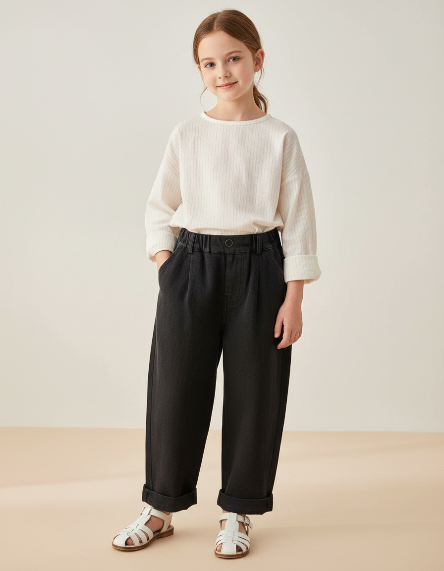 Pantalon Baggy Noir Ample Plissé Denim Fille - Jean