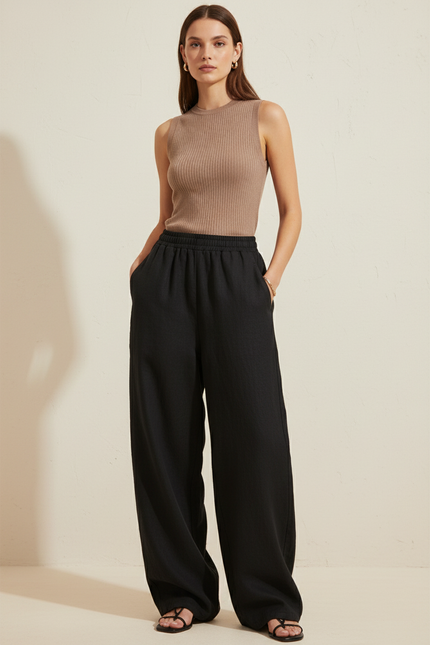 Pantalon Baggy Noir Ample Fluide Élastique Décontracté - Lin