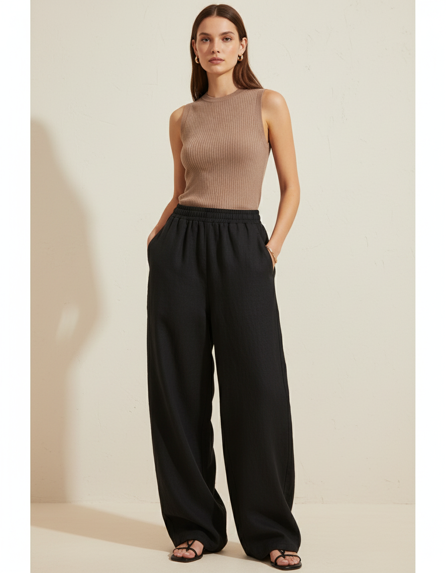 Pantalon Baggy Noir Ample Fluide Élastique Décontracté - Lin