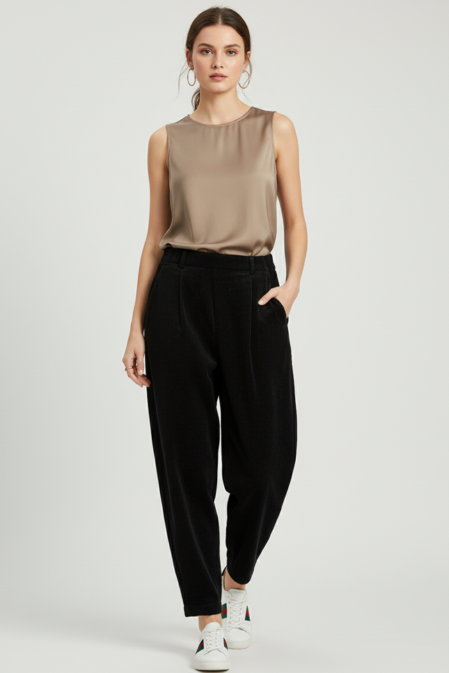 Pantalon Baggy Noir Côtelé Ample Décontracté Hiver - Cordé